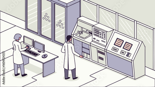 Scientists working in a sterile laboratory with computer workstations and equipment for research purposes