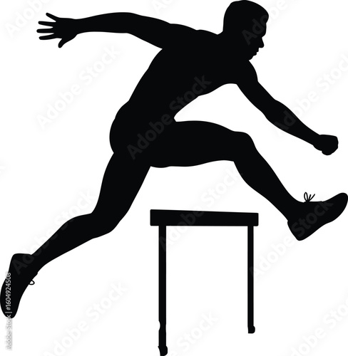 Silhouette of a hurdler jumping over a hurdle, black figure, clean white background 