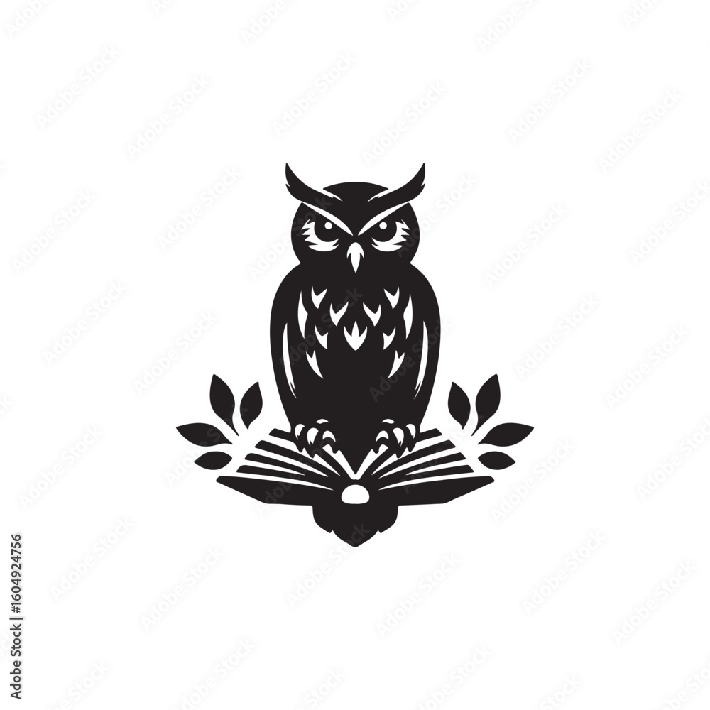 Fototapeta premium black silhouette vector of an owl perched on an open book, black vector of owl