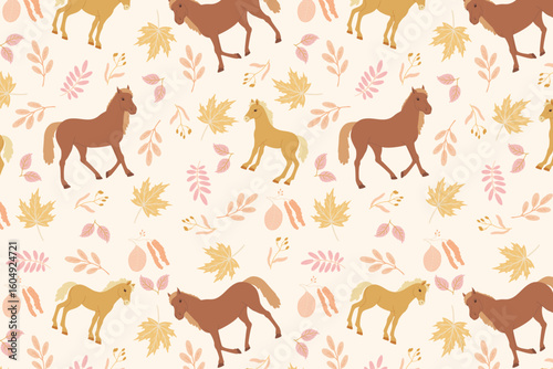 Autumn Horses and Leaves Pattern – swatch available in swatches panel – seamless fall design with ponies and seasonal foliage
