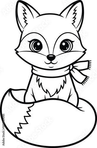 A cute cartoon fox wearing a winter scarf, a black and white vector illustration for coloring