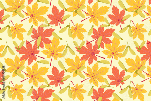 Maple Leaves and Samaras Pattern – swatch available in swatches panel – seamless fall foliage with red yellow leaves on light background
