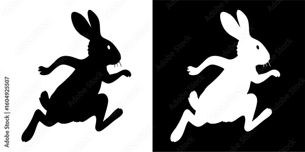 Obraz premium Running Rabbit Silhouette Dynamic Black and White Art