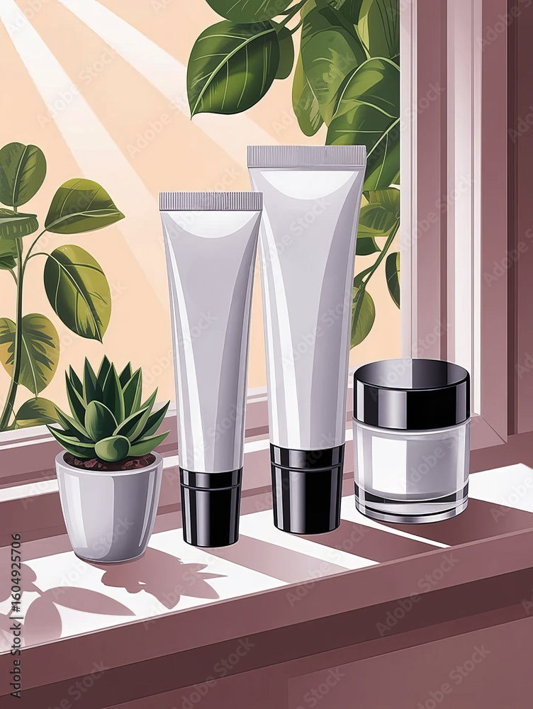 Fototapeta premium Skincare products and succulent plant on windowsill with sunbeams