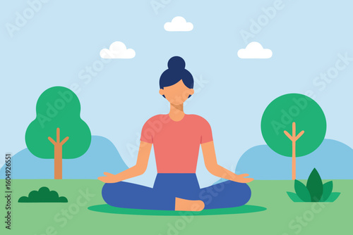 Woman practicing yoga and mindfulness in a park for wellness and relaxation concept