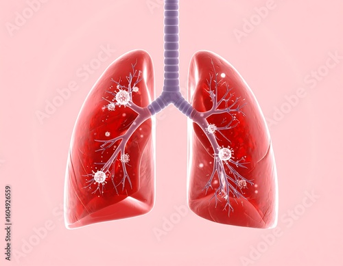 3D render of lungs with viruses