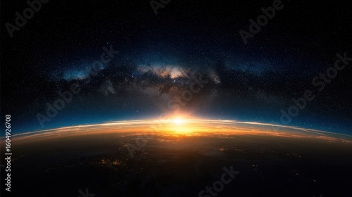 The Stunning View of Earth at Sunrise Against the Milky Way Galaxy