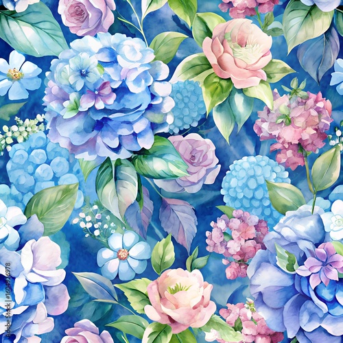 Seamless watercolor floral pattern. Hydrangea, myosotis, rose, peony. Blue green white flowers, leaves on blue background