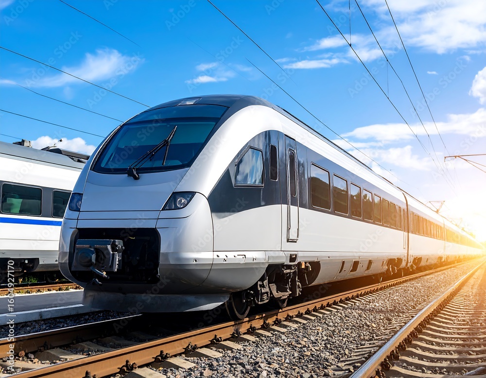 Naklejka premium Modern high-speed train on sunny tracks
