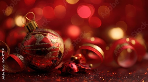 The Christmas ornament glistens beautifully amidst festive decorations and warm bokeh lights.