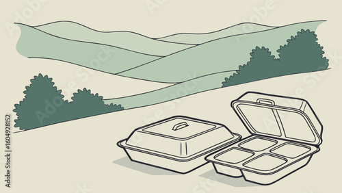 Find disposable food containers with lids for takeout and delivery with landscape background vector art