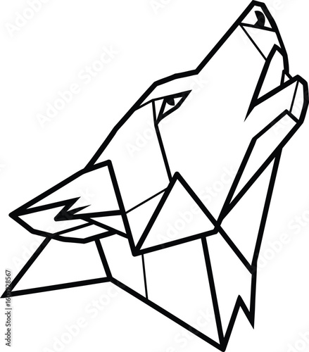 Geometric head of a howling wolf in a low-poly line art style