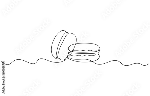 Continuous one line design of macaron cookie, Restaurant food menu design concept. Hand drawn macarons minimal design art, confectionery concept. Pro Vector.
