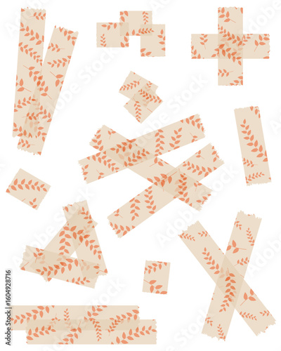 Set of semi-transparent washi tapes with pattern isolated on white. Tapes collection in vector. Pieces of decorative tape for scrapbooks. Torn paper. Spring, summer. Beige and orange