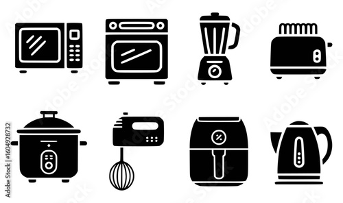Kitchen appliances collection including microwave oven blender toaster cooker mixer air fryer kettle