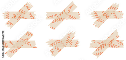 Set of semi-transparent washi tapes with pattern isolated on white. Tapes collection in vector. Pieces of decorative tape for scrapbooks. Torn paper. Spring, summer. Beige and orange