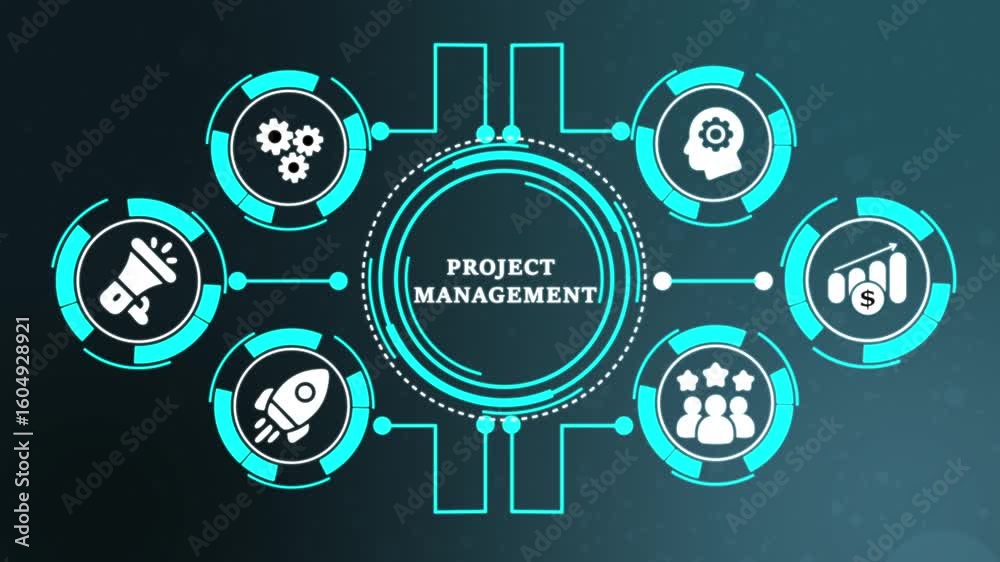  Abstract glowing Project Management inscription, social networking concept. Business, Technology, Internet and network concept.