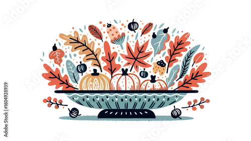 Textured vector illustration of hand-drawn autumn bowl centerpiece with pumpkins, acorns, berries, colorful leaves, Thanksgiving harvest and cozy fall decor concept
