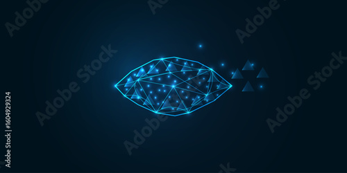 Eye with polygon line on abstract background. It's a simple, blue design with thin lines, showing the structure of the eye. low poly vector illustration.