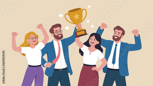 Team celebrates victory holding a golden trophy together