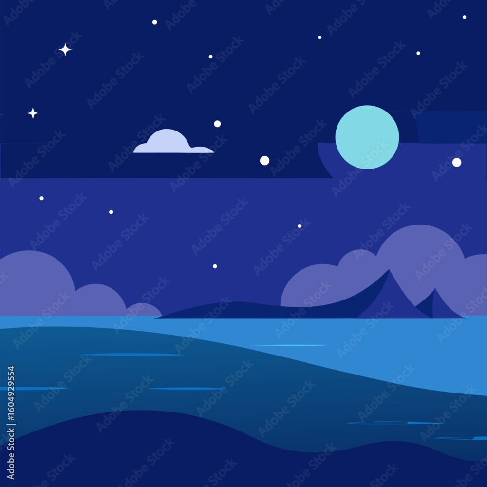 Fototapeta premium Ocean night sky with full moon beautiful landscape background.