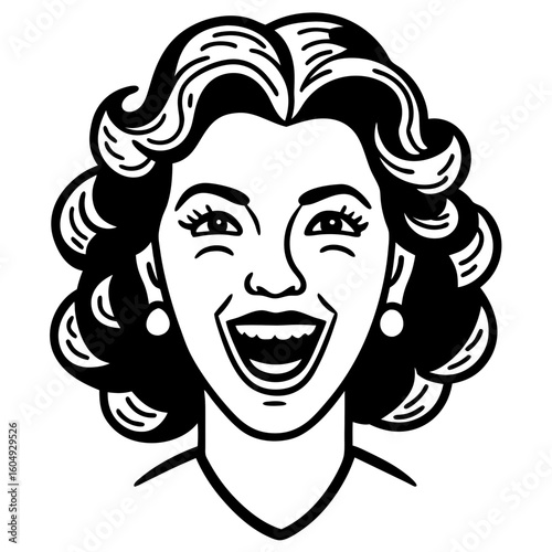 Vintage style woman laughing heartily with curly hair and pearls