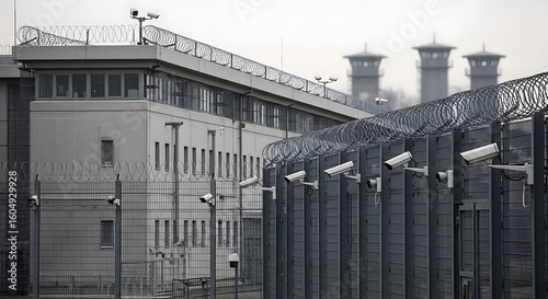 Exterior view of a correctional facility with security measures.