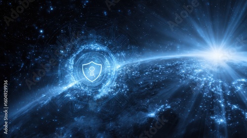 The digital security shield in a cosmic and futuristic universe.