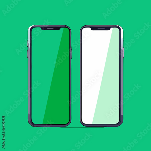 Two modern smartphones side by side with green and white screens on a vibrant green background