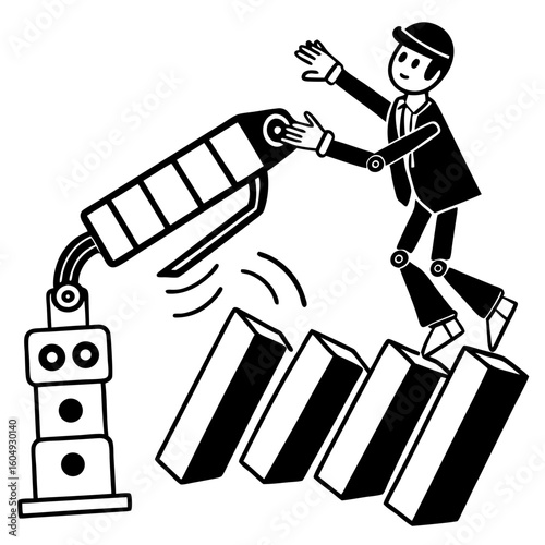 Man in suit and robotic arm set up dominoes for a chain reaction of success