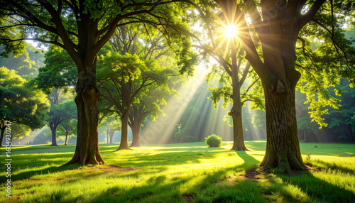強い日差しが差し込む木漏れ日と、涼しげな木陰が広がる森の風景、穏やかな休息の時間を連想させる