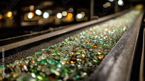 Glass shards on a conveyor belt in a dark factory