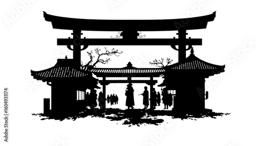 torii gate and traditional japanese shrine silhouette with people on white background