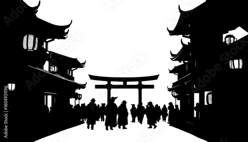 traditional japanese street scene with torii gate and festival crowd silhouette on white background
