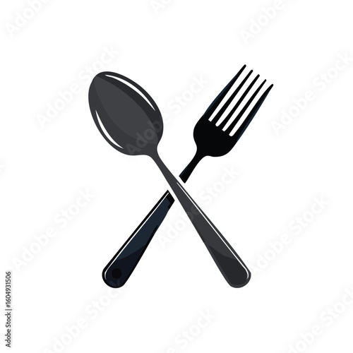 A simple, elegant, black crossed spoon and fork image representing dining and cuisine.