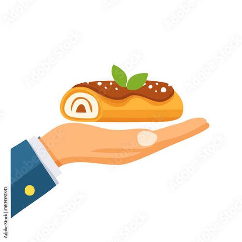 A hand presenting a sweet Cannoli pastry dessert decorated with chocolate and a leaf on top