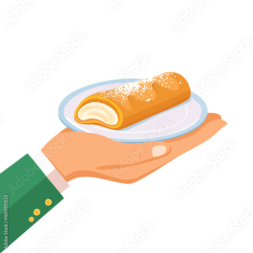 A delicious Cannoli crepe roll with cream cheese served on a plate held by a hand