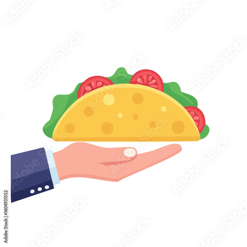 A hand presenting a delicious taco. The taco is filled with fresh ingredients, ready to be enjoyed