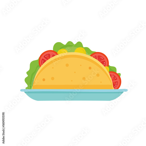 Delicious taco on a plate with fresh ingredients, including lettuce, tomatoes and corn