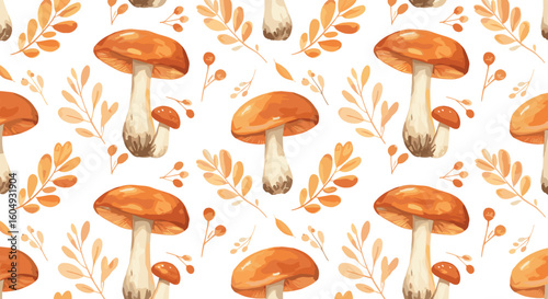 Orange mushrooms with leaves in whimsical watercolor pattern  