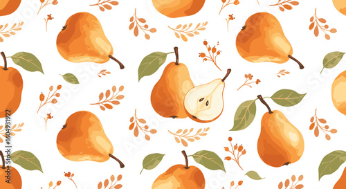 Pears and leaves pattern in warm orange and white background  