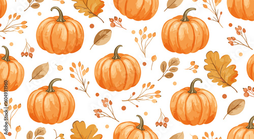 Pumpkin pattern with autumn leaves and flowers on white background  