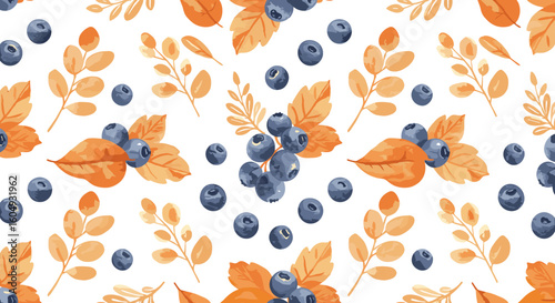 Blueberries and autumn leaves pattern on white background  