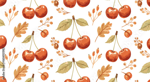 Cherry and autumn leaves pattern on light background  