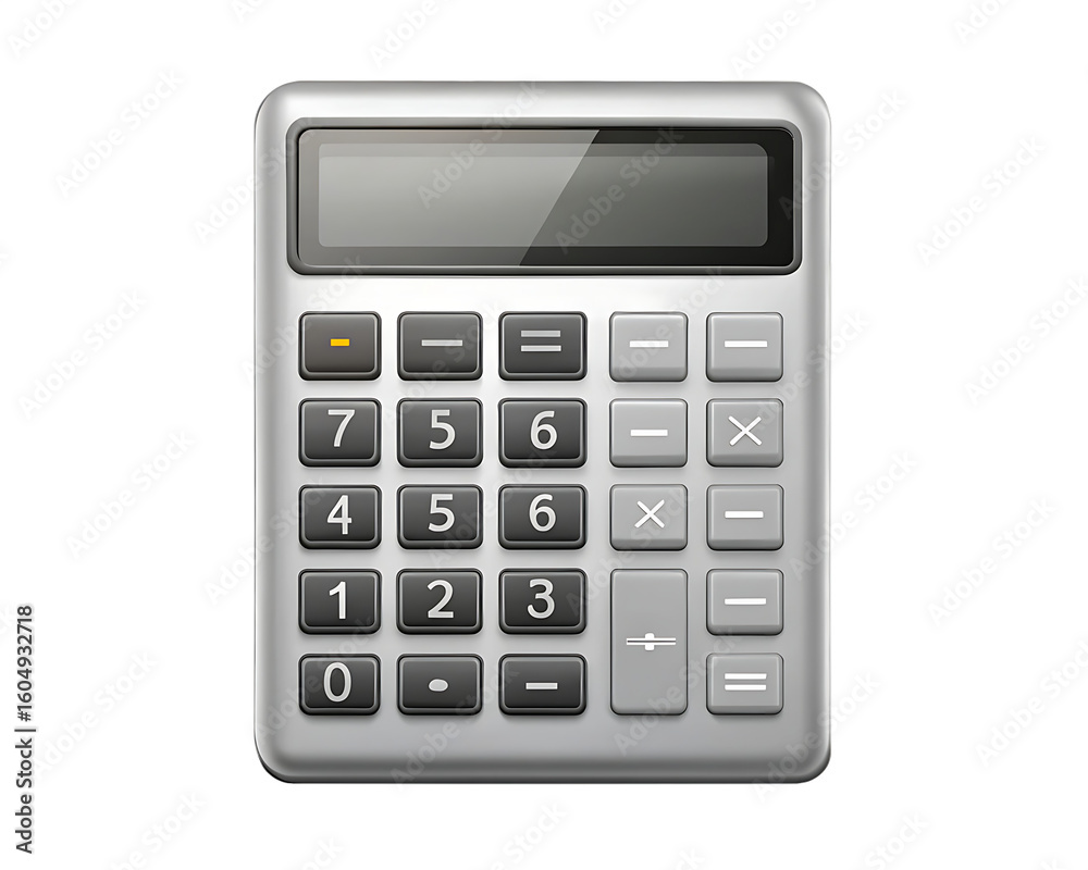 Silver calculator with large buttons and digital display isolated on a transparent background technology Silver calculator with large buttons and digital display isolated on a transparent background technology