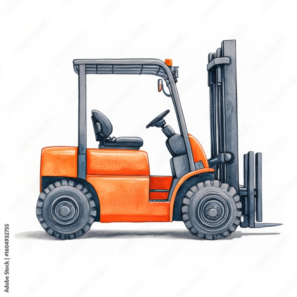 A side view of an orange forklift, showcasing its design and function, This image can be used in materials related to logistics, construction, industrial operations, or heavy machinery, A side view of an orange forklift, showcasing its design and function, This image can be used in materials related to logistics, construction, industrial operations, or heavy machinery,