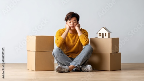 Young asian man is sitting on the floor between cardboard boxes with his head in his hands, looking stressed and overwhelmed by the moving process and expenses of buying or renting a new house