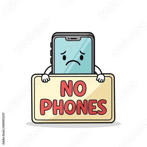 Playful prohibition sign with smartphone sad face holding no phones banner. Humorous illustration features smartphone character holding sign to discourage phone. No mobile phones during class sign