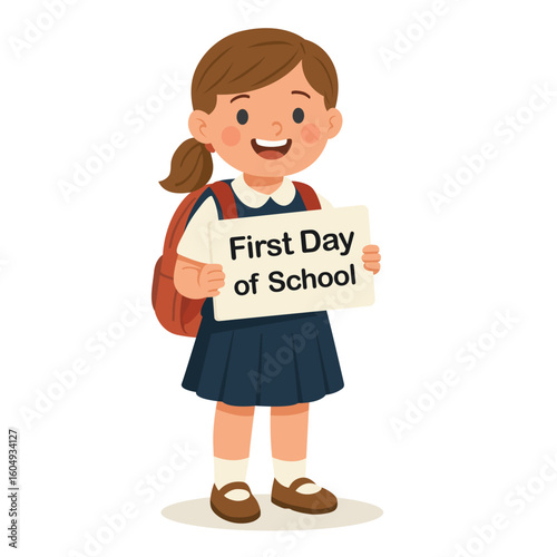Happy Schoolgirl with Backpack Holding “First Day of School” Sign – Vector Illustration
