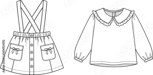 Children’s pinafore skirt and ruffle blouse design, flat fashion CAD drawing, cute kidswear technical vector illustration with sewing details